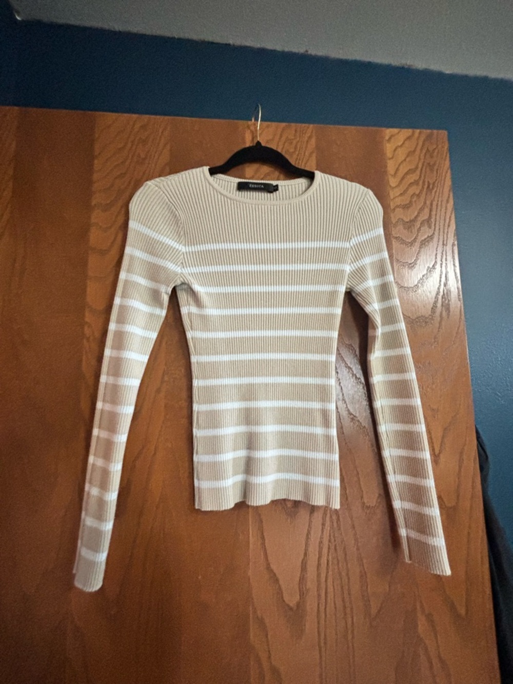 Zara Beige & White Ribbed Striped Crew Neck Sweater